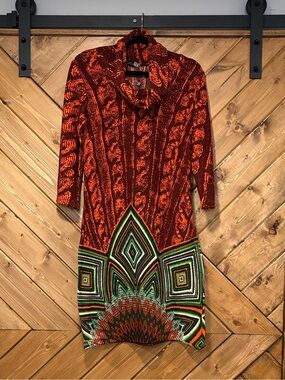 NWT Smashed Lemon Geometric Print Knit Sweater Dress Red Orange Brown Green L